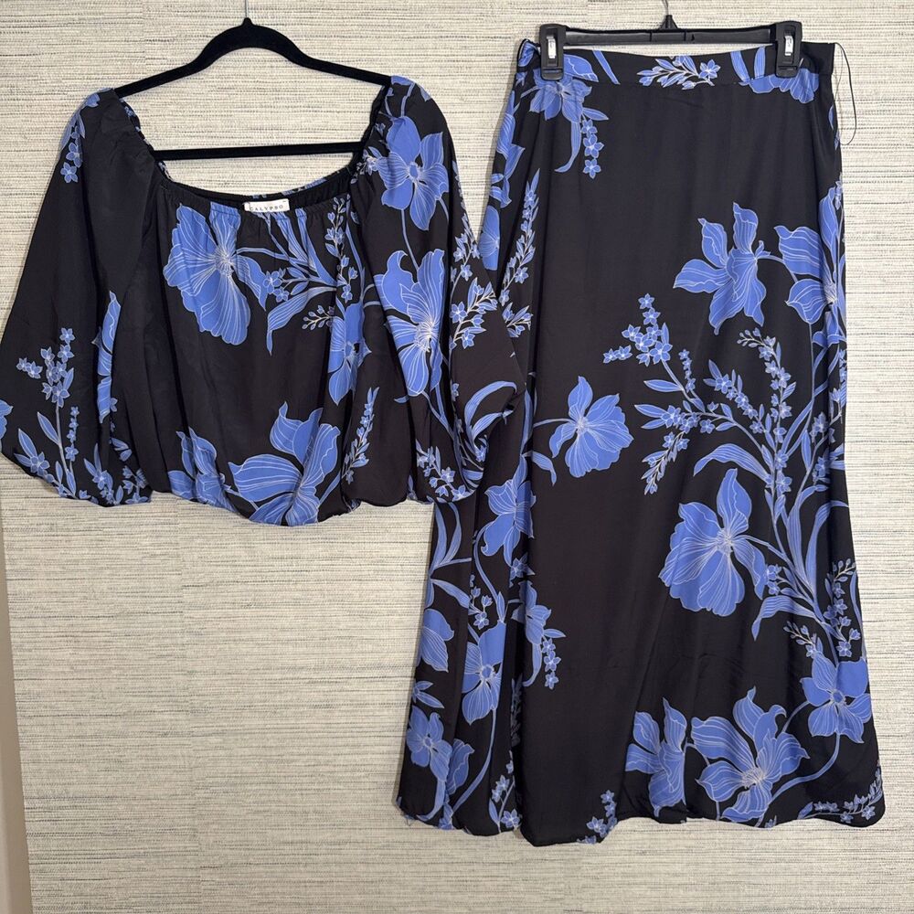 Calypso St Barth Satin Maxi Skirt Set Black Blue Bold Floral Print Off Shoulder